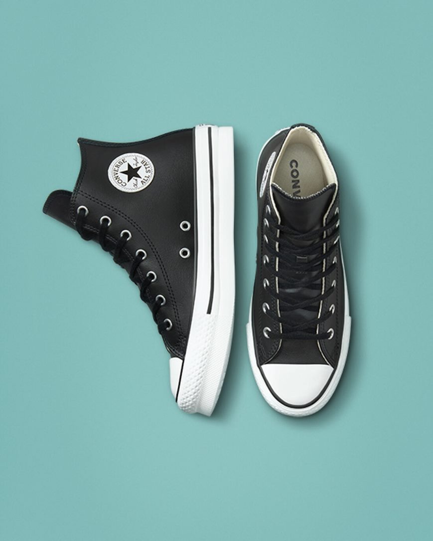 Chlapecké Boty Na Platformy Converse Chuck Taylor All Star Lift Læder Vysoké Černé Béžový Bílé | CZ XHBA30